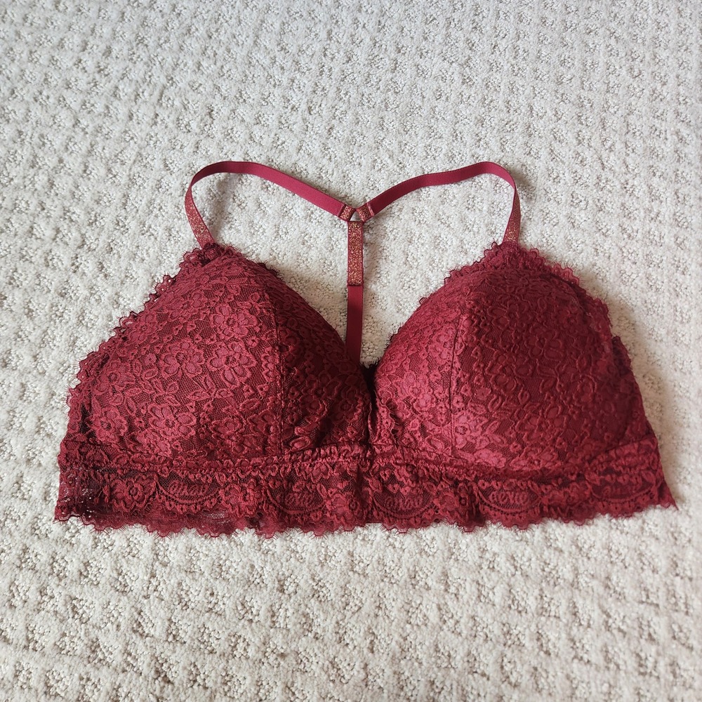 Aerie Burgundy Floral Lace Racerback Bralette size XXL Shimmer Straps